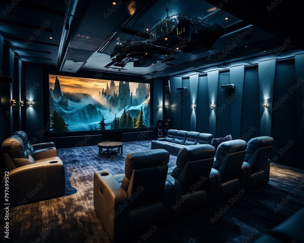 Advanced home theater room with projection mapping, surround sound system, and luxury seating, immersive entertainment experience Advanced home theater room with projection mapping, surround sound system, and luxury seating, immersive entertainment experience