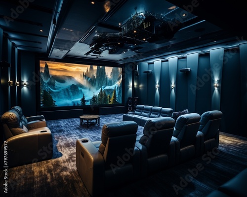 Advanced home theater room with projection mapping, surround sound system, and luxury seating, immersive entertainment experience photo