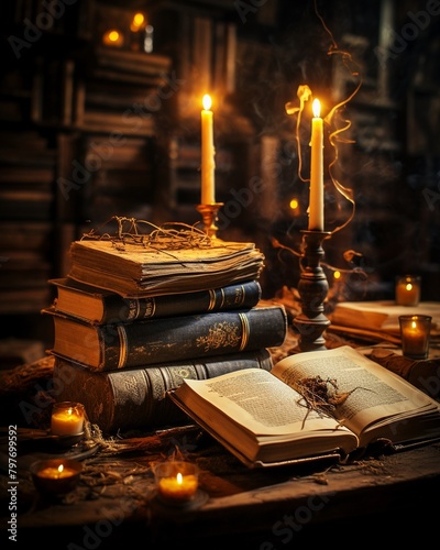 Ancient spell books open on an old wooden table, candlelight casting soft shadows, perfect for themes of wizardry and old world magic photo