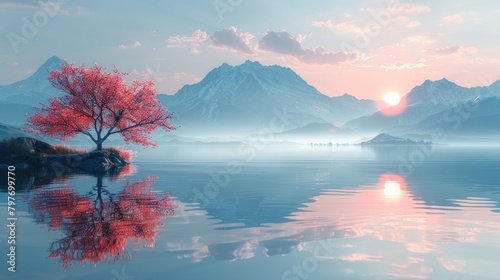 3d render, fantasy landscape panorama with mountains reflecting in the water
