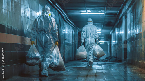 Two men in protective suits carry bags of medical waste down the underground corridor with gray tiles and dim fluorescent lighting creating cinematic composition eerie mood biohazard decontamination  photo