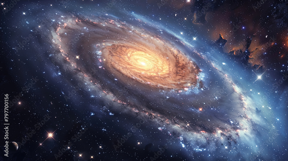 Spiral galaxy with stars and milky way in space