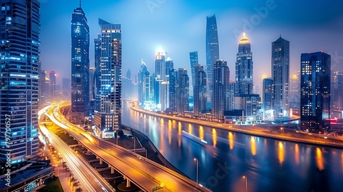 Aerial cityscape view with towering skyscrapers, AI-generated.