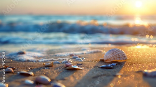 Seashells on a sandy beach at sunset, AI-generated.