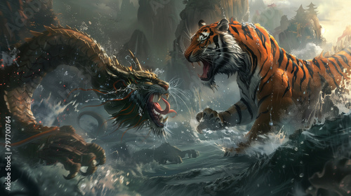 fantasy tiger fight with monster dragon © AiDesign