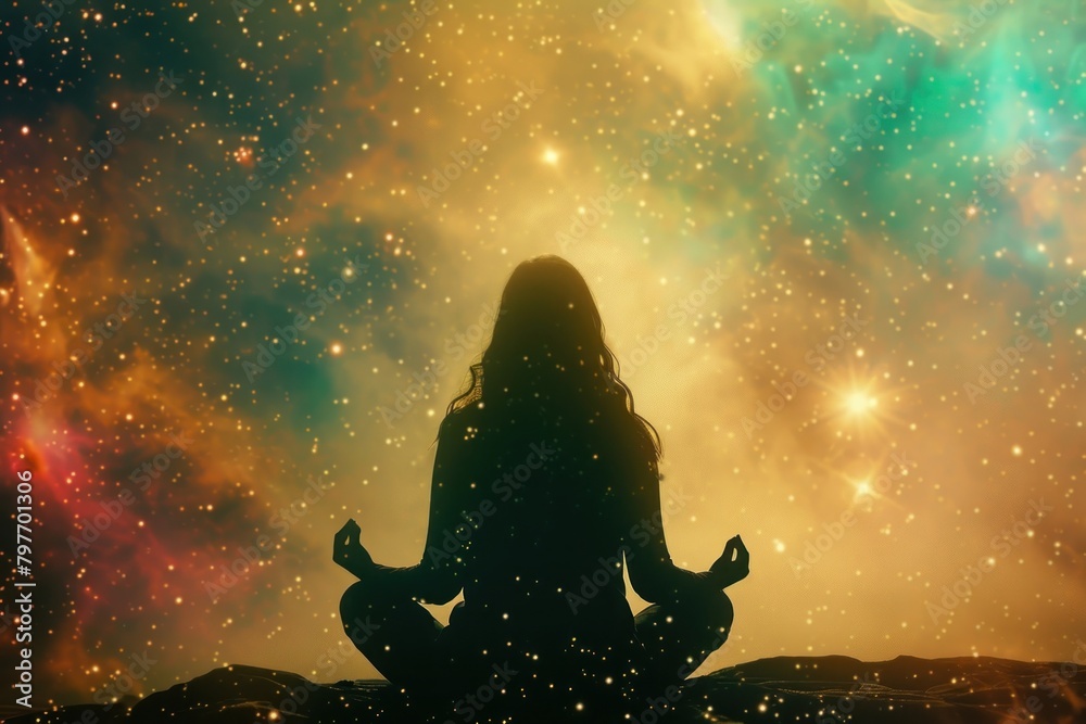 Woman doing meditation spirituality silhouette space. Woman doing meditation spirituality silhouette space.