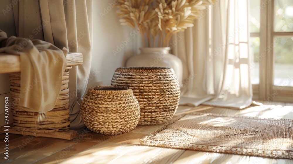 Fototapeta premium Woven Baskets in a Sunlit Room Add Softness to Home Storage