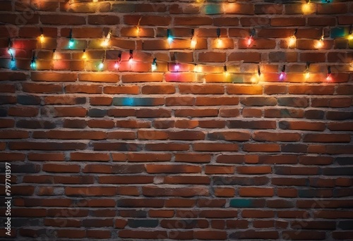 AI generated illustration of red brick wall adorned with a row of festive Christmas lights