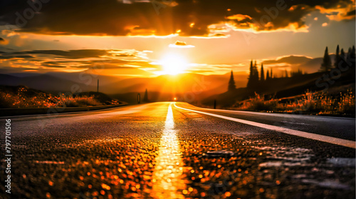AI generated illustration of sunset over deserted road