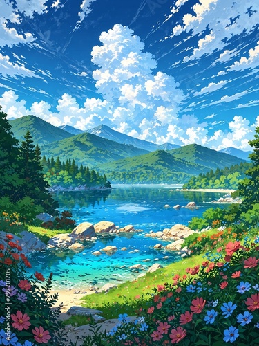 AI generated illustration of a beautiful anime-style painting of a vast and breathtaking landscape