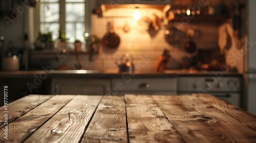 Grunge Natural Wooden Table Top. A natural, grunge wooden tabletop set against a softly blurred kitchen interior with ambient homey lighting. photo