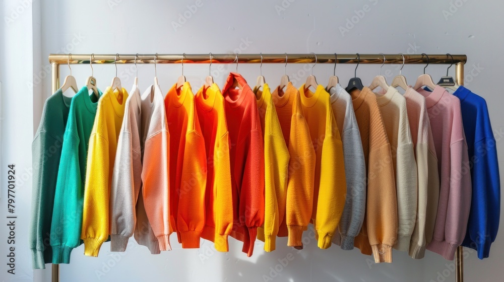 Fototapeta premium Array of Colorful Cashmere Sweaters and Hoodies on Clothing Rack