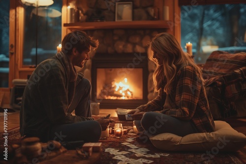 a young couple sitting by the fireplace at their cabin and sharing tea