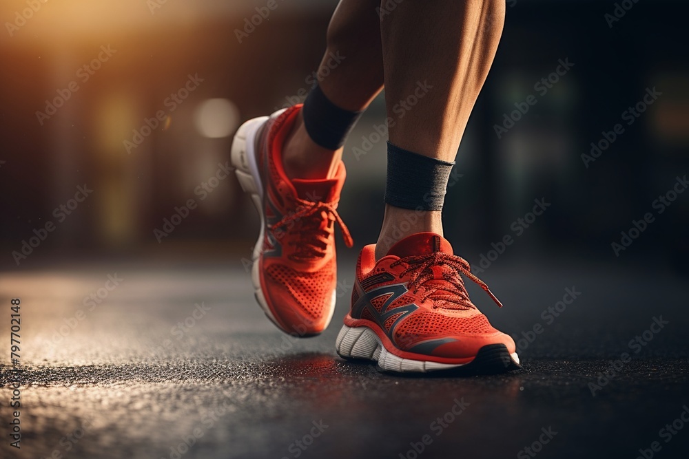 Athletic male runner sprinting on a track, closeup on running shoes and athletic wear, dynamic motion, professional sports training