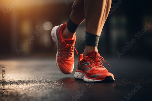 Athletic male runner sprinting on a track, closeup on running shoes and athletic wear, dynamic motion, professional sports training photo