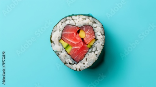 Tuna maki sushi roll with carved heart decoration, top view on turquoise background photo
