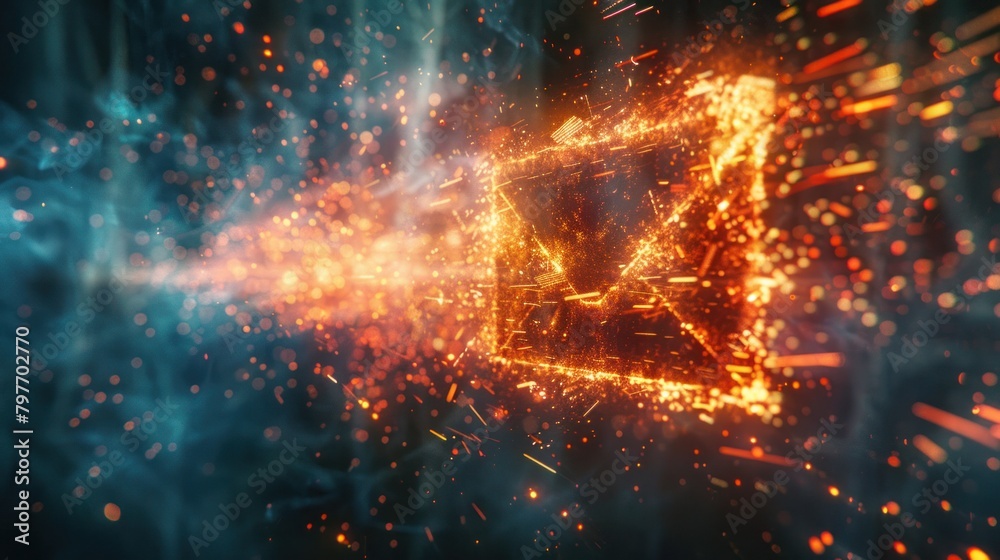Accelerate virtual envelope on fire, holographic interface, blur effect, central focus, cool tone wide angle lens. Accelerate virtual envelope on fire, holographic interface, blur effect, central focus, cool tone wide angle lens.