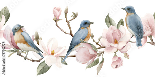 Light pink magnolia flowers with blue birds with red breast. Seamless border of spring blossom. Watercolor illustration