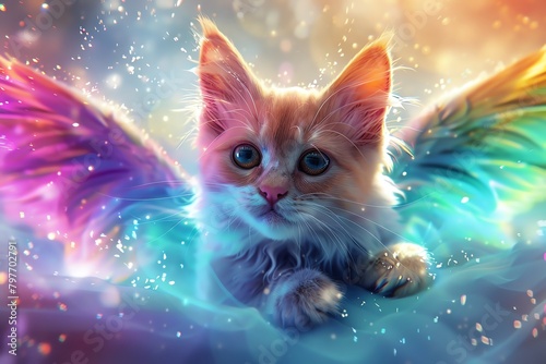 Cat with wings spreading wide, surrounded by a vibrant rainbow