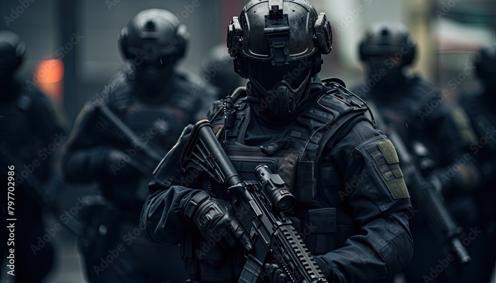 A group of fully armored soldiers with elite insignia marching in formation down a city street. A group of fully armored soldiers with elite insignia marching in formation down a city street.