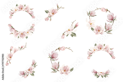 Set of wreaths with light pink magnolia flowers  buds  sprigs and leaves. Floral watercolor illustration for print  logo