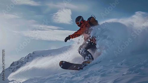 A snowboarder glides through untracked powder photo