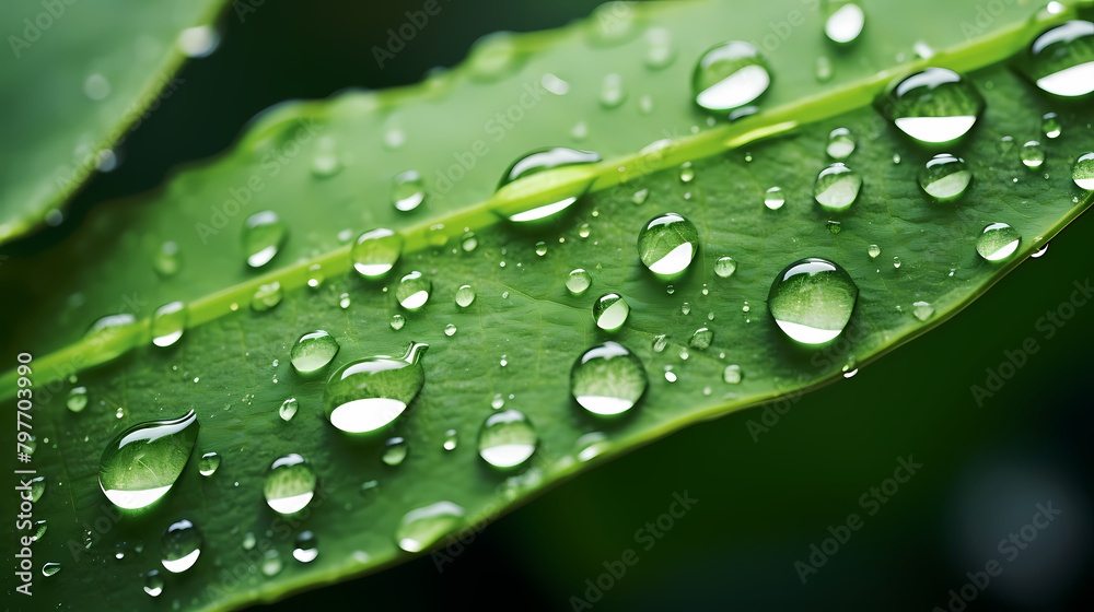 Close-up of water droplets on the edge of green leaves Close-up of water droplets on the edge of green leaves