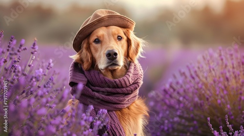 Portrait of a dog in a hat and scarf on the background of a lavender field. A trained dog, comedian, mime. photo