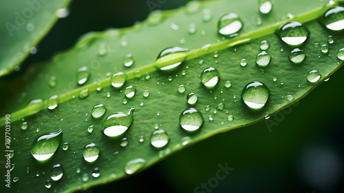 Close-up of water droplets on the edge of green leaves