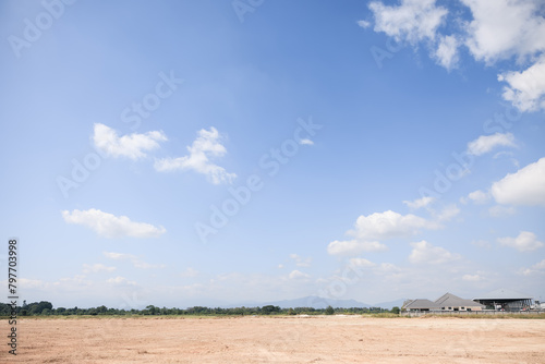 Land, blue sky and clouds. Include landscape, empty or vacant area at outdoor. Real estate or property for sale, rent, but, development, housing subdivision and construction in Chiang Mai of Thailand. photo