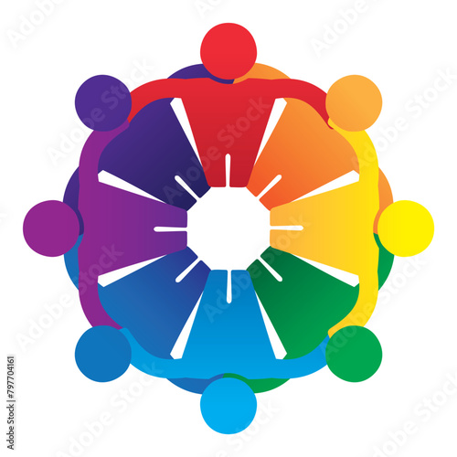 Eight stylized figures embrace each other, forming a circle to represent unity, teamwork, collaboration, harmony, and inclusivity
