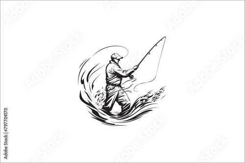 Fishing Silhouette Vector illustration, Silhouette of fishing rod set of fishing silhouette.