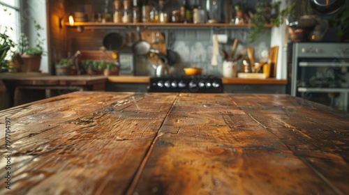 Vintage wooden tabletop in a cozy kitchen setting.
