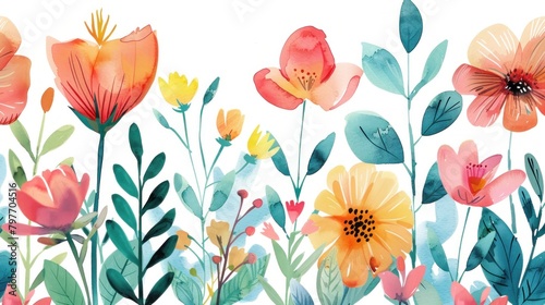 Floral Greeting Card with Springtime Watercolor Flowers. Charming hand-drawn vector illustrations for invitations or patterns.