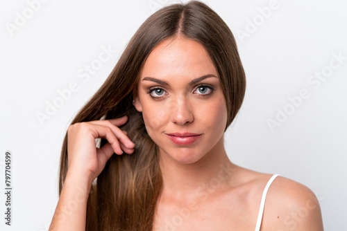 Young caucasian woman isolated on white background . Close up portrait
