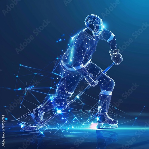 technology in hockey game,  digital blue low poly hockey player with glowing data streams, ai in sports analytics, game strategy optimization algorithms. wireframe player.  photo