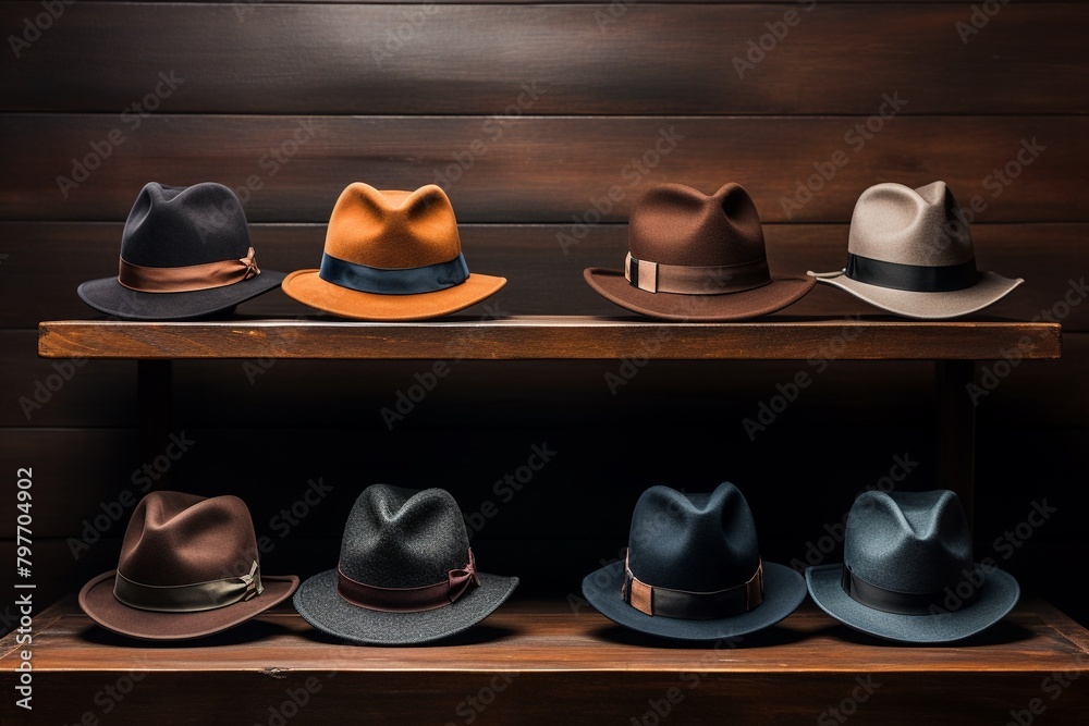 Closeup of a vintage gentlemans hat collection on wooden display, soft lighting highlights textures, ideal for classic fashion enthusiasts