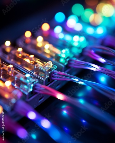 Detailed macro shot of a network cable connected to a router, glowing LED lights, emphasis on highspeed internet technology, copy space