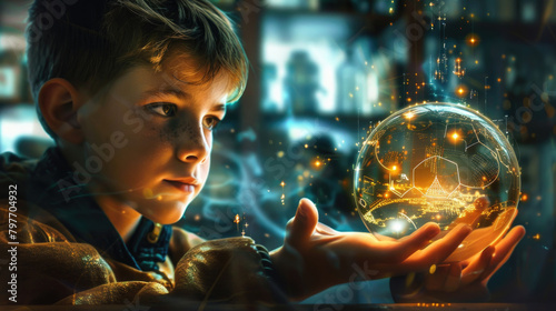 A young boy is seen holding a crystal ball in his hands, examining it with curiosity and fascination