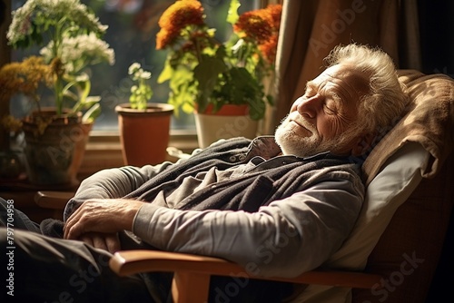 Wallpaper Mural Elderly man taking a nap in a cozy recliner chair, peaceful setting with a soft blanket and a book on his lap, focus on relaxation and health Torontodigital.ca