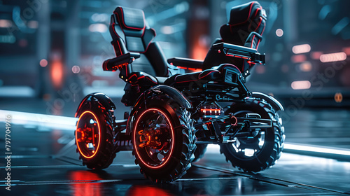 An electric wheelchair is showcased in a futuristic environment, illustrating advanced mobility technology