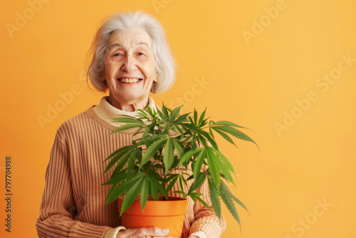 Grandmother with a tub in which a cannabis plant grows, grandmother with a tub in which a cannabis plant grows, on an orange background, copyspace