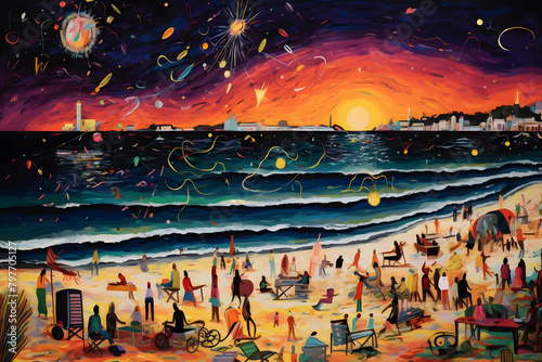 Beachfront Bonfire Bash, abstract landscape art, painting background, wallpaper, generative ai