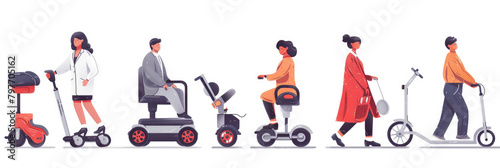 Several individuals are happily riding scooters on a white background  enjoying a leisurely and fun activity together