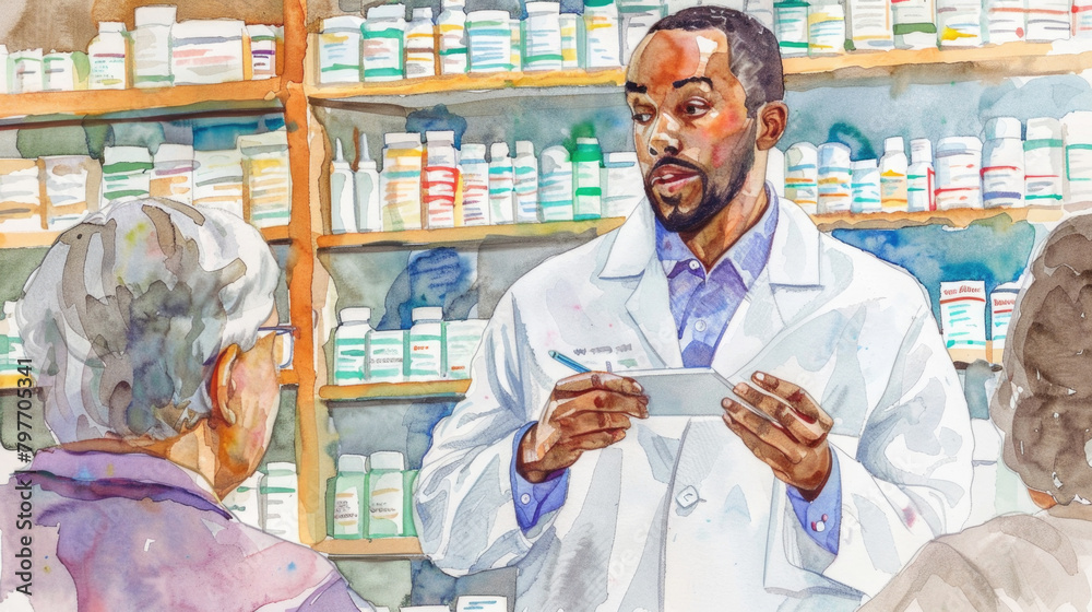 A painting depicting a pharmacist engaging in conversation with a patient in a clinical setting, discussing medication and health-related concerns
