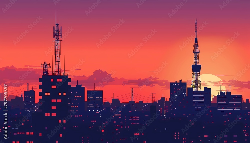 Illustration Urban skyline with telecommunications towers and factories at sunrise, concept of modern city infrastructure and network communication