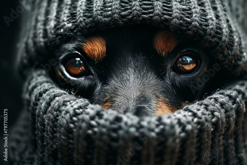 Portrait of a dog in a knitted balaclava, close-up © ArtSav