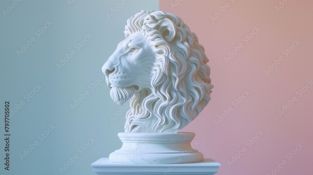 Elegant lion marble head statue exuding timeless sophistication. Elegant lion marble head statue exuding timeless sophistication.