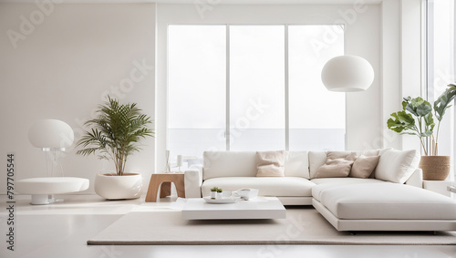  living room with a large white sectional sofa  a white coffee table  and several plants