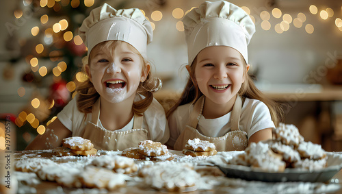 Children dressed in chef's hats playfully bake, making dough creations. Kids kitchen activity, baking and cooking fun at home, homemade pastry, little chefs. Generative AI.  © Chirus